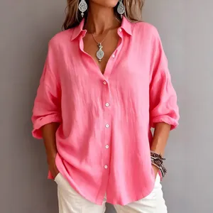 Fashionable casual women's loose solid pink long sleeve button-up blouse with lapel collar