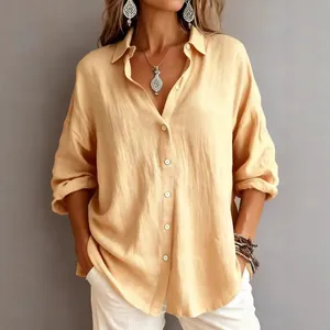 Women's casual loose-fit solid apricot long sleeve button-down lapel shirt blouse