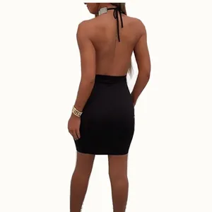 Detailed back view of a sexy black backless halter neck bodycon mini dress for party