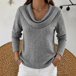 Maglione grigio a costine con collo a ciambella da donna, elegante vestibilità comoda