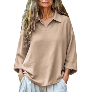 Elegant casual women's loose long-sleeve lapel collar shirt in classic khaki color