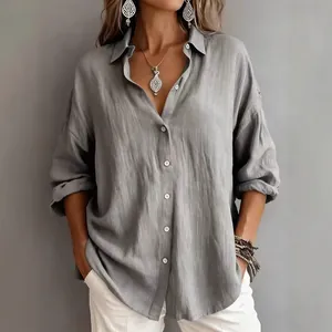 Casual women's loose long-sleeved solid color button-down shirt with elegant lapel