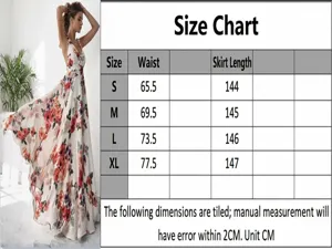 Size chart for Bohemian floral maxi dress showing waist and length measurements in cm