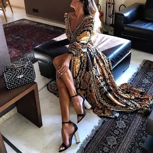 Elegant baroque print maxi dress featuring a deep V-neck and sexy high side slit.