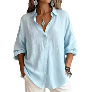 Casual loose-fit light blue long-sleeve button-down shirt with a classic turn-down collar