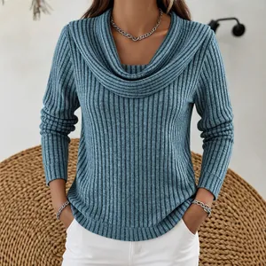 Top in maglia a costine blu a maniche lunghe da donna con elegante scollo a cappuccio
