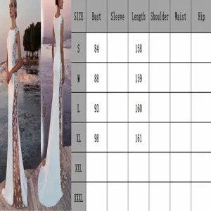 Size chart for white lace hollow long evening dress with bust and length measurements.