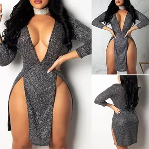 Sexy V-Neck Gilded Sequin Dress For Women Long Sleeve High Split Midi Dress Slim Fit Club Party Night Out Evening Gown Fashion Clothing