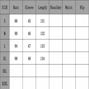 Detailed size chart for bohemian print dress showing bust, sleeve, and length measurements