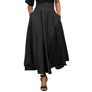 Jupe longue trapèze noire élégante à taille haute avec poches latérales pour femme