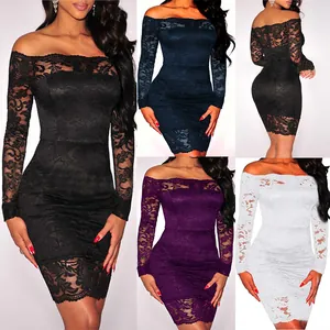 Women Sexy Off-shoulder Lace Hollow Bodycon Dress Elegant Long Sleeve Nightclub Evening Party Mini Dress Polyester Spandex