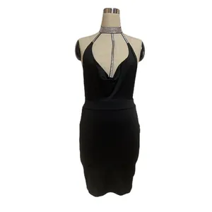 Sexy black halter bodycon dress with sparkling rhinestone details for elegant night out