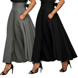 Jupe longue élégante ligne A taille haute avec poches latérales et ceinture à nœud