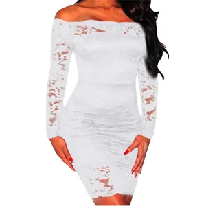 Sexy off-the-shoulder white lace bodycon dress with long sleeves for club and evening party