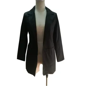 Dettaglio di un blazer nero professionale da donna con rever e tasche applicate