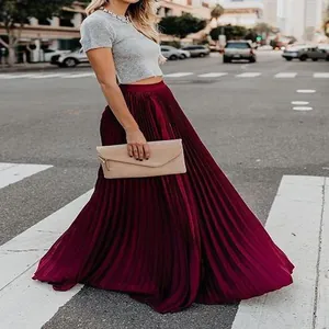 Elegant wine red pleated maxi skirt with a high waist and large swing design.