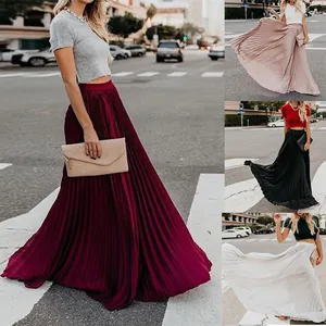 Women's Elegant High Waist Silk Blend Chiffon Pleated Maxi Skirt Solid Color Flowy A-Line Bottom For Travel Vacation Streetwear