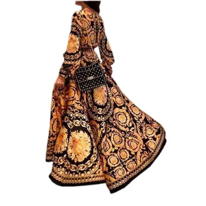 Retro baroque print maxi evening dress with long sleeves and elegant big swing skirt