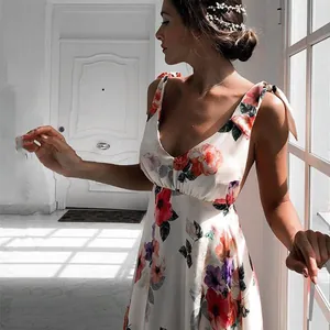 Elegant bohemian floral print maxi dress featuring a sexy V-neck and tie-shoulder straps.