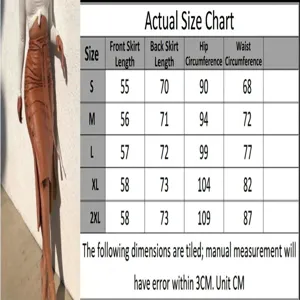 Detailed size chart and visual guide for brown PU midi pencil skirt with front slit