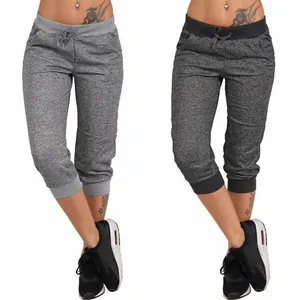 Damen Capri Harem Sporthose Elastischer Kordelzug Taille Bündchen Saum Sport Lässig Caprihose Meliert Polyester Unterteil