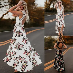 Robe Longue pour Femmes Col en V Sans Manches Motif Floral Ourlet High-Low Élégante Style Bohème Dos Nu Patchwork de Dentelle Fête