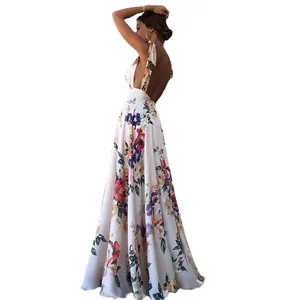 Elegant bohemian floral maxi dress with a sexy backless design and halter neck line