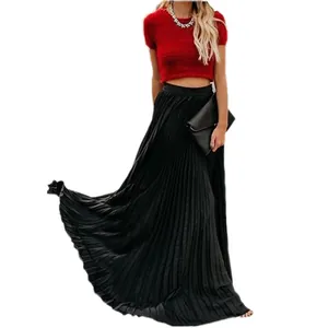 Elegant high waisted black pleated maxi skirt with large swing hem for women's fashion