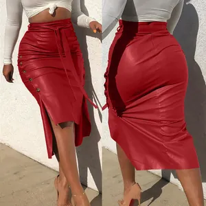 Front and back detail of a high waisted red PU leather midi skirt with a side slit.