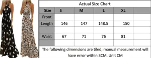 Size chart for halter neck polka dot and leopard print maxi evening dress for women.