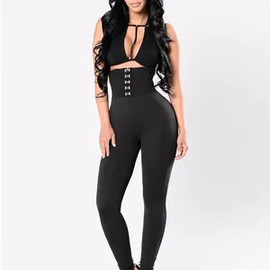 Pantalon de Yoga à Taille Haute pour Femmes Couleur Unie Leggings en Polyester Avec Fermeture par Crochets Pantalon de Sport