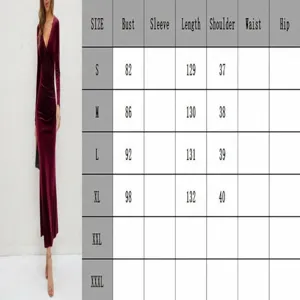 Comprehensive size chart for elegant V-neck long sleeve burgundy velvet evening dress