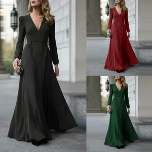 Dames Elegant V-Hals Lange Mouw Maxi Jurk Effen Kleur Strikceintuur Losse A-Lijn Wijde Zoom Jurk Mode Casual Lange Jurk