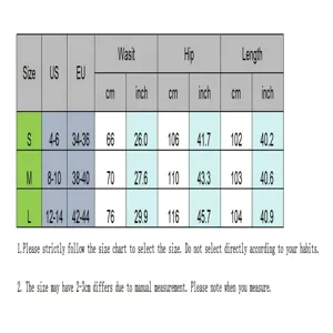 Detailed size chart table for women's casual drawstring straight pants with US/EU sizing.