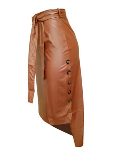 Detailed side view of a brown PU leather midi skirt with buttons and tie waist