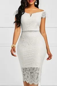 Elegant white lace cocktail dress featuring a V-neck and sexy off-shoulder design
