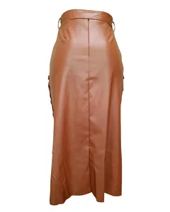 Back view detail of a chic high-waisted brown PU leather midi skirt with side buttons