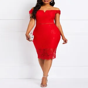 Elegant red lace off-shoulder midi dress with V-neckline and bodycon fit for evening