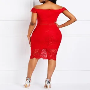 Elegant red lace off-the-shoulder midi bodycon dress with floral patterns and scalloped hem