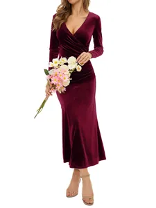 Elegant burgundy V-neck velvet long sleeve mermaid evening dress for formal occasions.