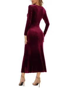 Elegant burgundy velvet long sleeve maxi dress featuring a slim fit fishtail silhouette