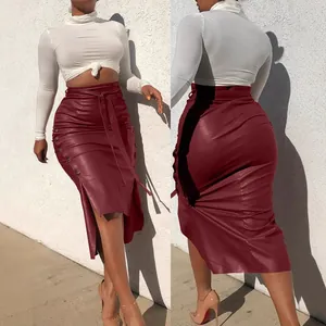 Elegant burgundy high-waisted faux leather midi skirt with side split and tie waist