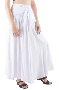 Close-up detail of a white tie-waist pleated maxi skirt, ideal for summer beach outings