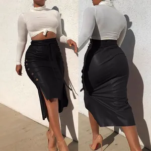 High waist black PU leather midi skirt with side buttons and slit for women