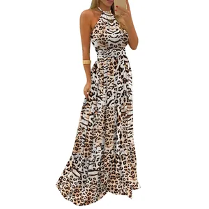 Elegant leopard print halter neck maxi dress with cinched waist for women's summer wear