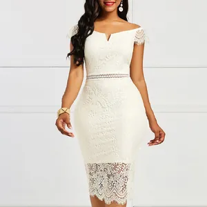 Elegant white off-the-shoulder lace midi bodycon dress with V-neck for evening parties