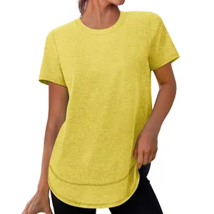 Casual geel T-shirt met korte mouwen voor dames, losse pasvorm en stijlvolle ronde zoom