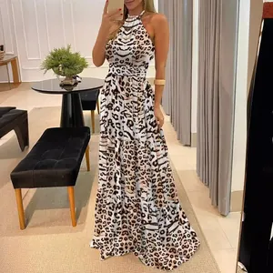 Elegant leopard print halter neck maxi dress with cinched waist and large swing for women