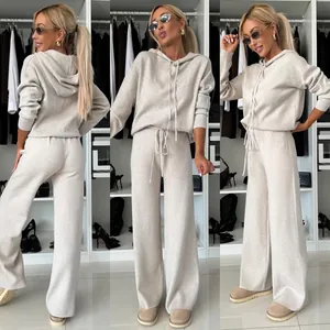 Ensemble Top And Bottom Femme Couleur Unie Sweat à Capuche et Pantalon Large Cordon de Serrage Manches Longues Polyester Automne Hiver