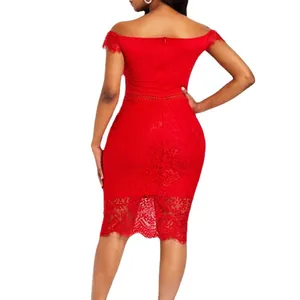 Elegant red off-shoulder lace midi dress with a bodycon fit for evening occasions